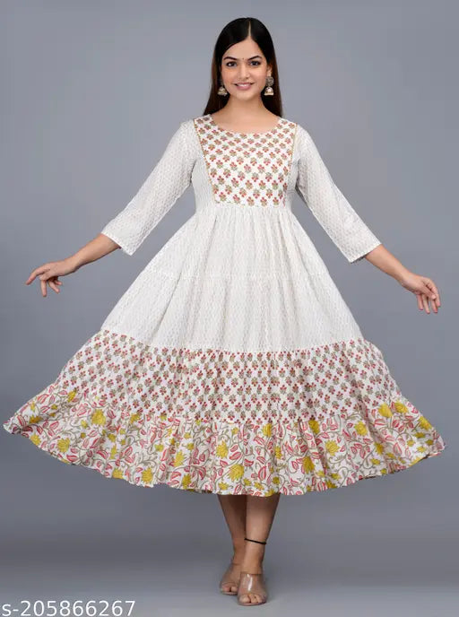Rayon three-quarter sleeve Anarkali Kurta with printed border, women's fashionable and comfortable clothing from India