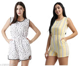 White-yellow striped crepe sleeveless short jumpsuit on fashion mannequin