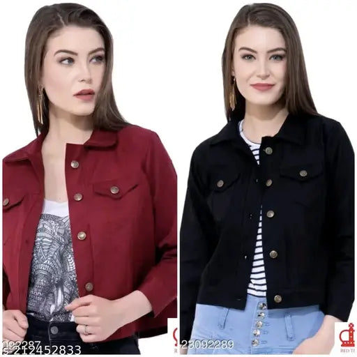 Trendy cotton-blend denim jacket combo pack for women and girls, self-designed net pattern in three-quarter sleeves