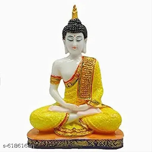 Yellow polyresin Buddha statue for home decoration and gifting, 5.5"x4.5"x8.5". Perfect as a thoughtful gift for special occasions such as weddings, anniversaries, or festivals like Diwali
