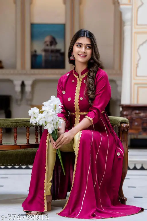 Maroon rayon striped embellished frontslit kurta for women, three-quarter sleeves, stylish Anarkali dress from India