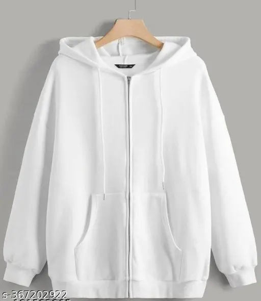 White fleece zip-up hoodie for women, solid pattern, long sleeves, India origin