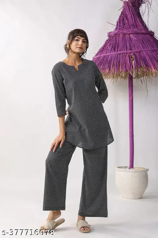 Women's Rayon Slub Printed Co-ord Set, three-quarter sleeves, hand-printed all over, casual to formal wear, India origin