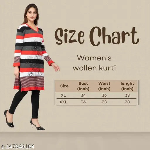 Black and red striped woollen knee length designer knitted kurti for women