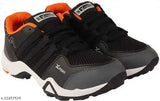 Grey and orange sports shoes with white soles and black laces