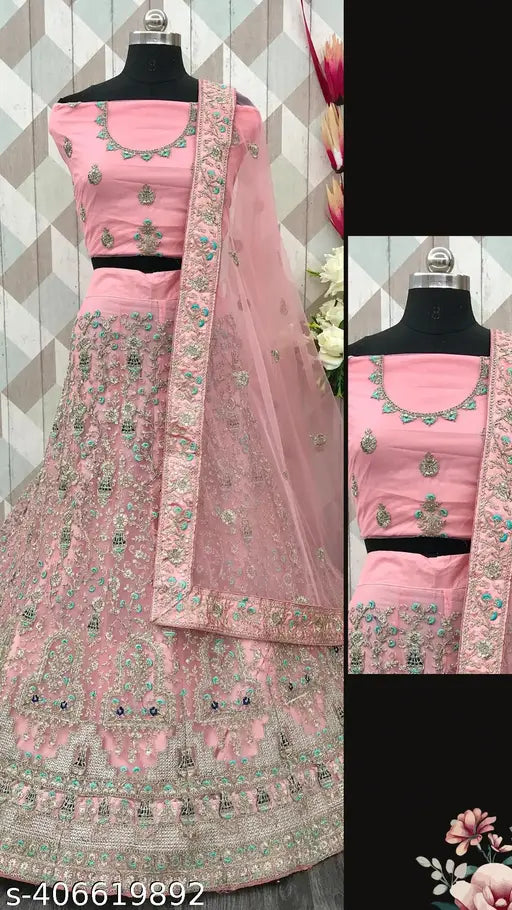 Heavy pink net lehenga choli with embroidery work, semi-stitched blouse, and dupatta. Indian designer ethnic wear for festive occasions and special events