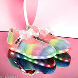 Kids multicolor party wear: shiny pink, blue, golden LED lighting belly, synthetic leather and rubber, embellished, Velcro fastening