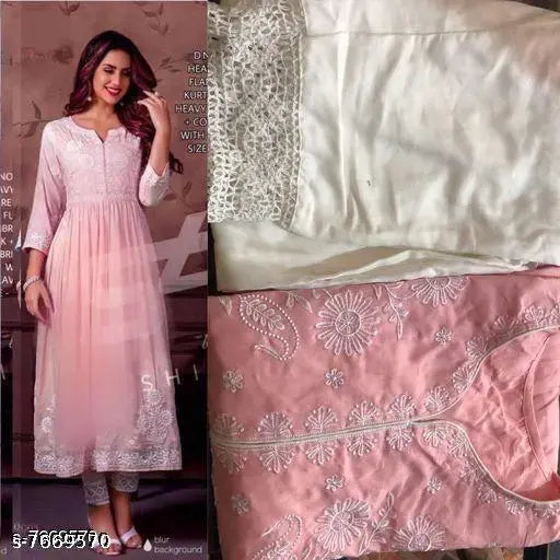Embroidered Rayon Anarkali Kurta with Pants - Indian women's traditional outfit for fashionable occasions