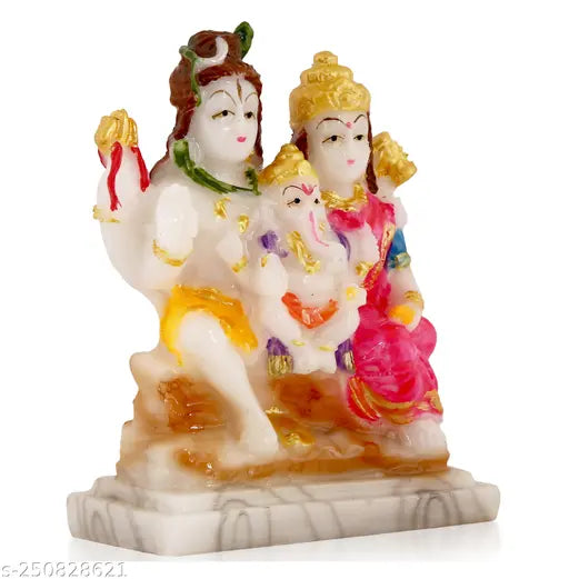 Marble-look Shiv Parivar Murti (6 inch), Hindu religious idols of Lord Shiva, Parvati, and Ganesh, India origin