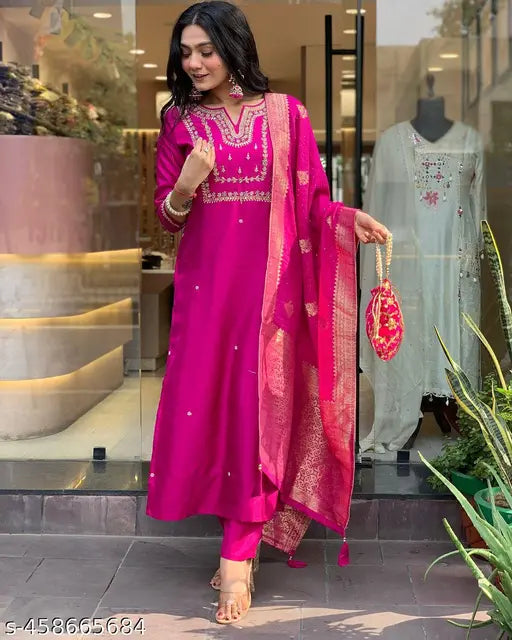 Silk blend printed kurta set with palazzos and dupatta, embroidery work, size S-XXL. Indian ethnic wear fashion on display