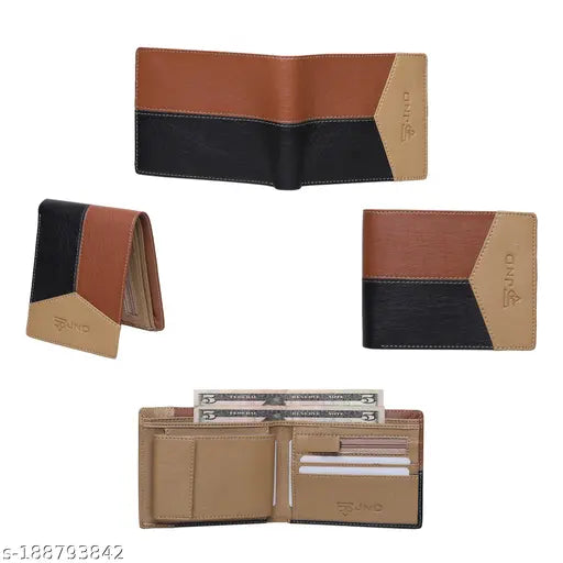 Stylish faux leather men's wallet, colorblock design, free size (11cm x 9cm), durable interior, 2 card slots & hidden pockets