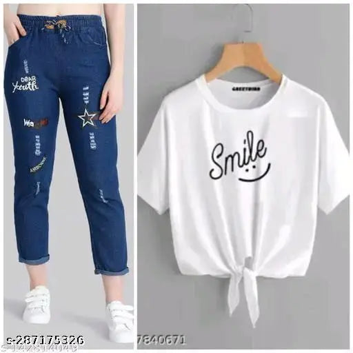 Denim printed net short sleeves women's top & bottom sets, premium knitted jeggings ideal for party wear and daily wear