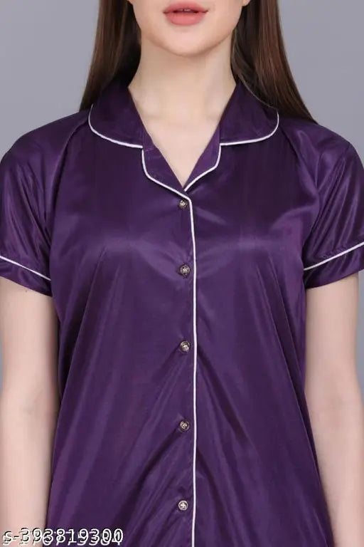 Black satin women's pajama suite - short-sleeved, free size (32 waist/hip, 42 length). Women's trendy nightwear set for a stylish sleep