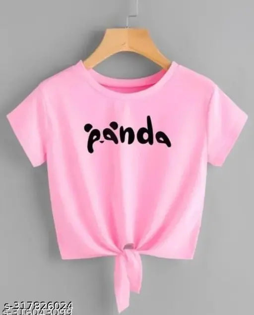 Pink Lycra crop top with PANDA print for women, short sleeves and one size available