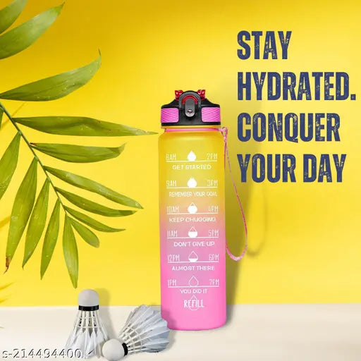 Pink plastic water bottle with time markers, leakproof lid, for gym, office, school.