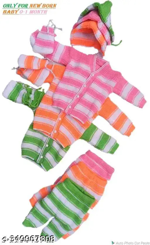 Wool striped newborn winter sweater set: 4-piece combo with sweater, payjama, cap, and booties, ideal for 0-3 months