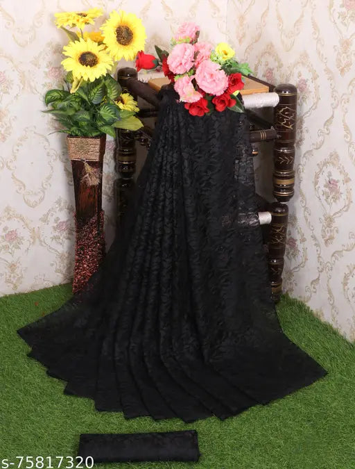 Designer net sari, Indian fashionable party wear, free size, woven net pattern