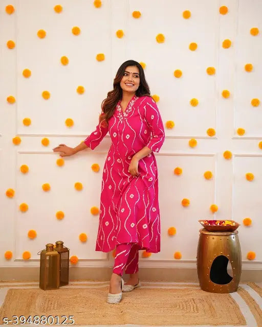 Premium pink rayon printed kurti & pant co-ord set, vibrant floral print, versatile wear