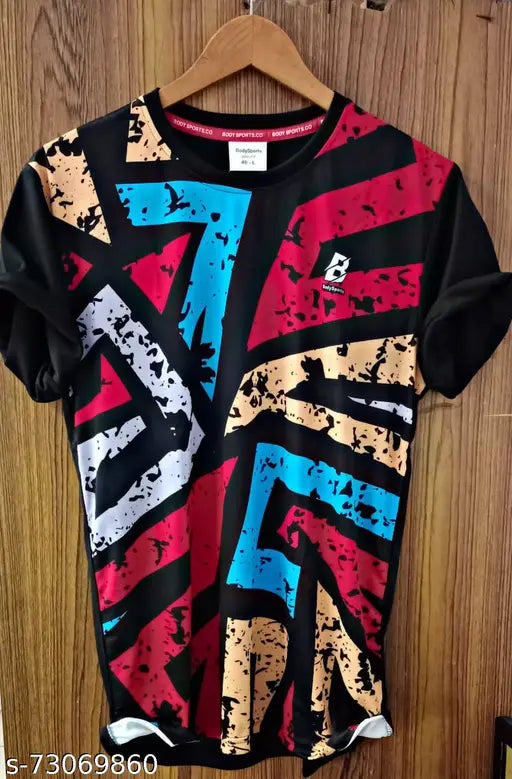 Colorful sports jersey, breathable fabric, short sleeves, modern print.