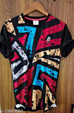 Colorful sports jersey, breathable fabric, short sleeves, modern print.