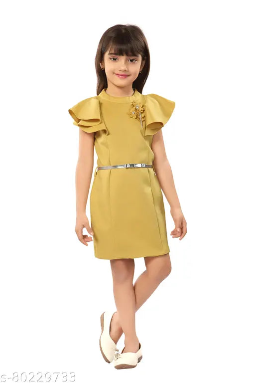 Yellow cotton midi dress with puff sleeves and belt, suitable for kids