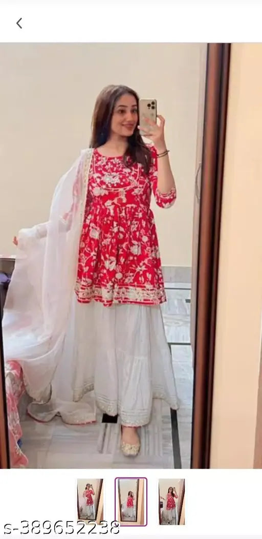 Red and white kurta, embroidered Sharara set with dupatta