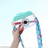 Multicolor camera-shaped kids water bottle with straw, ideal for schooling, travel, hiking, and outdoor activities. Made of BPA-free ABS co-polyester plastic