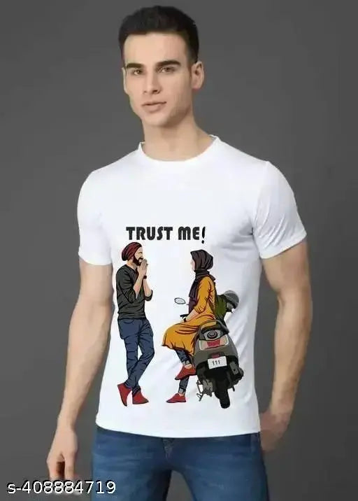 Casual white graphic printed polyester half-sleeve round neck t-shirt for men, featuring graphic design on a neutral background