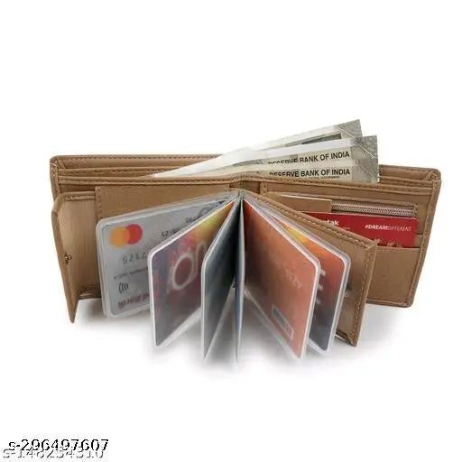 Beige PU men's wallet with 8 card slots, solid pattern, 5 compartments. High-quality artificial leather with additional photo and card sleeves for a stylish and durable wallet. Perfect gift accessory for men. Compact, lightweight, and portable. Made in India