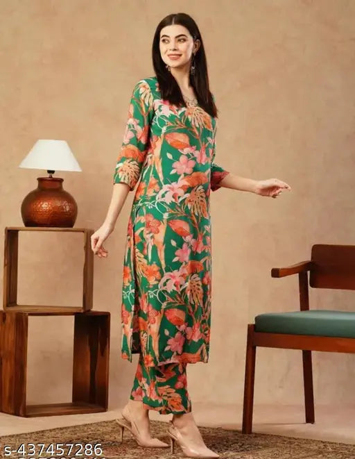 Cotton women's kurta set with fancy printed kurti and bottom, straight cut design