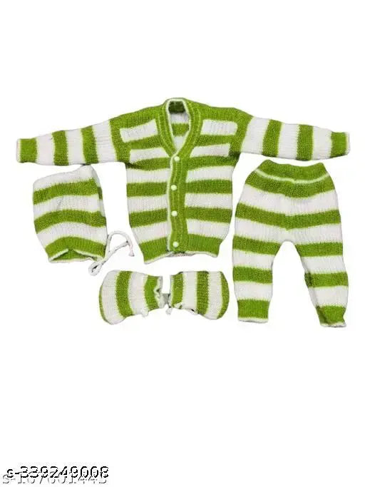 Woolen striped baby winter wear set: sweater, pajama, cap, booties - Indian handcrafted woolen clothing for newborns