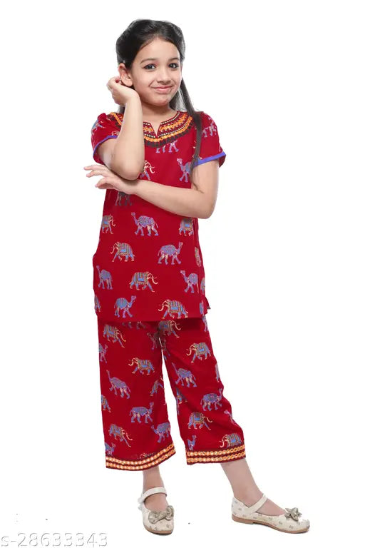 Red animal-print MDF kurti plazo for kids, Indian fashion on display