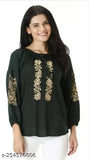 Green viscose rayon embroidered flared kurta with three-quarter sleeves and orange embellishments, popular women's rib crop top for girls and women