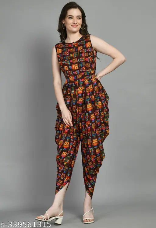 Brown owl printed crepe sleeveless jumpsuit for women and girls, stylish outfit on hanger