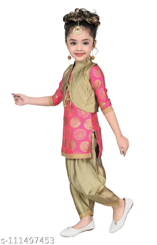 Pink cotton blend designer embroidery Patiala suit for girls by Hariyal Creation, size 3-4 years, knee length anarkali top with three-quarter sleeves
