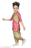 Pink cotton blend designer embroidery Patiala suit for girls by Hariyal Creation, size 3-4 years, knee length anarkali top with three-quarter sleeves