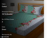 Green dotted Blinkberry elastic fitted bedsheets with 2 king size pillow covers, 18x28 inches. Superfine cotton quality, 250 thread count. Ideal for adult use in mild winter season. Made in India