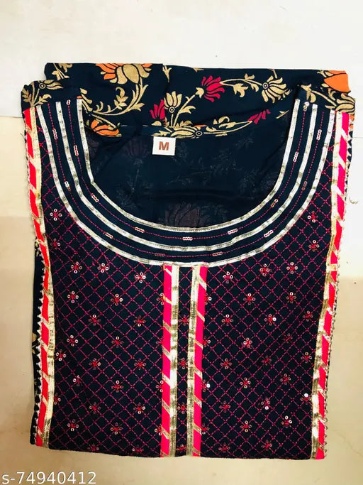 Rayon embroidered Kalamkari Anarkali Kurta with Gotta lace. Three-quarter sleeve traditional Indian women's outfit. Lightweight, comfortable, and elegant for functions, festivals, parties, or weddings. Made in India." (123 characters)