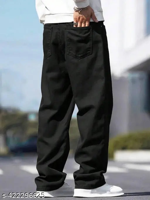 Men's black denim oversized baggy jeans, premium quality with solid net pattern - size 28, 30, 32, or 34 (w28 l39 h35), made in India
