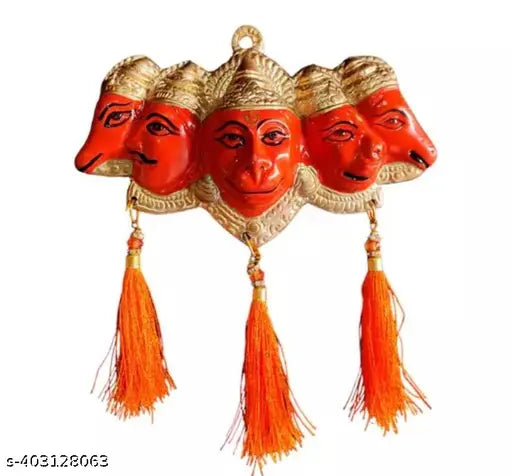 Gold-orange finished NAC Panchmukhi Hanuman Ji statue, 5cm x 18cm x 20cm for door entrance wall hanging showpiece with silk latakan