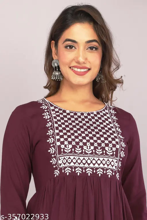 Embroidered rayon anarkali kurta with three-quarter sleeves, Indian traditional women's fashion for S (36in/46in), M (38in/46in), L (40in/46in), XL (42in/46in), XXL (44in/46in)