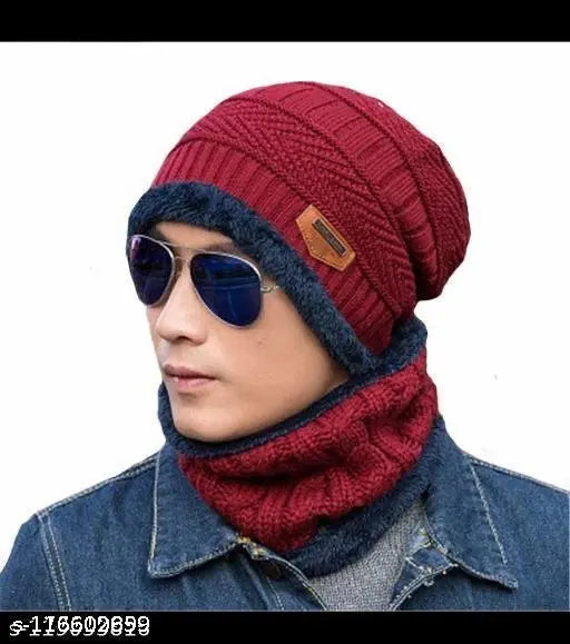 Maroon knitted beanie with muffler, cotton fabric