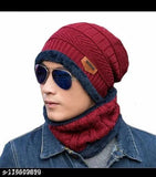 Maroon knitted beanie with muffler, cotton fabric