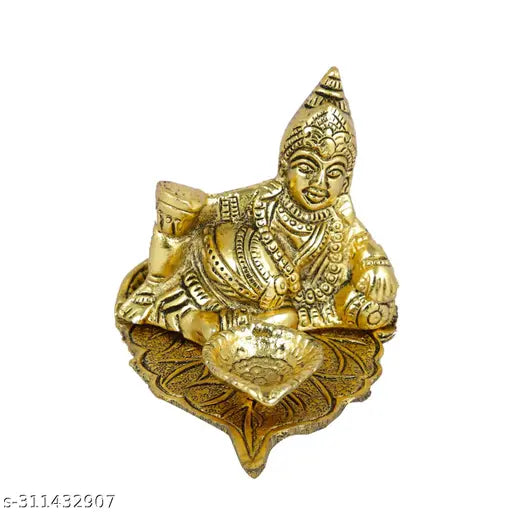 Metal Kuber Deepak murti for money and vastu, decorative god idol for home, office, or temple, 11cm x 9cm x 7cm from India