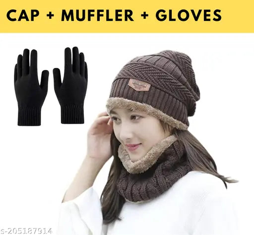 Woolen winter cap set with muffler & gloves in solid design, perfect for men & women this fall-winter season, Made in India