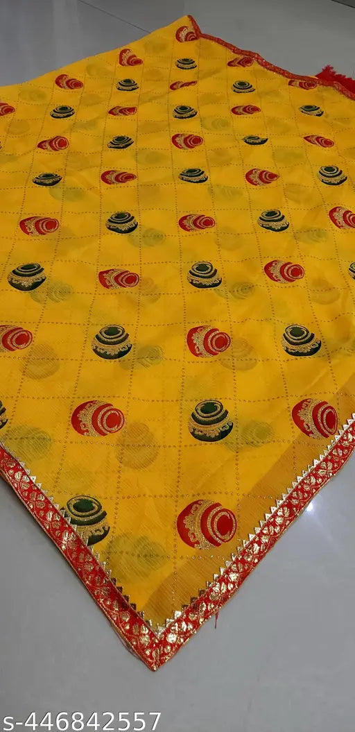 Yellow and red striped Georgette fabric saree with checkered pattern, featuring a peacock design. Fancy new arrival Diwali festival Chhath pooja trending saree print style