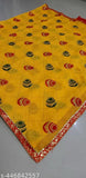 Yellow and red striped Georgette fabric saree with checkered pattern, featuring a peacock design. Fancy new arrival Diwali festival Chhath pooja trending saree print style