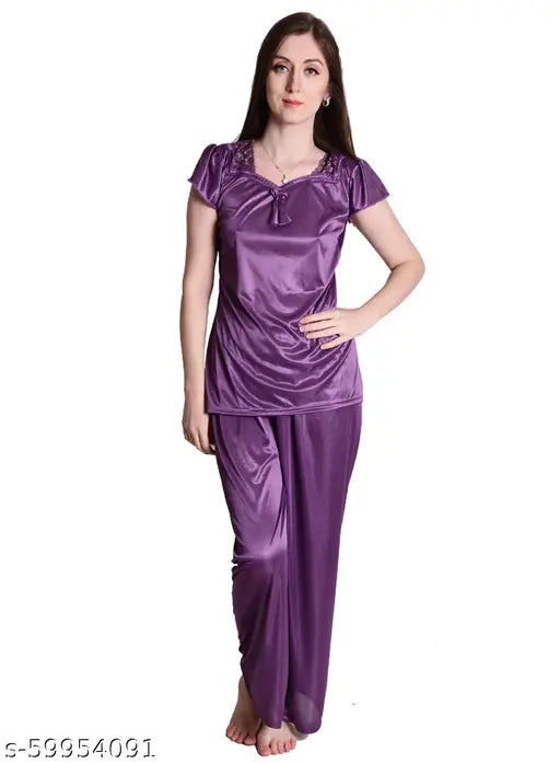 Purple satin pajama set, sensual nightwear in solid pattern, Made in India
