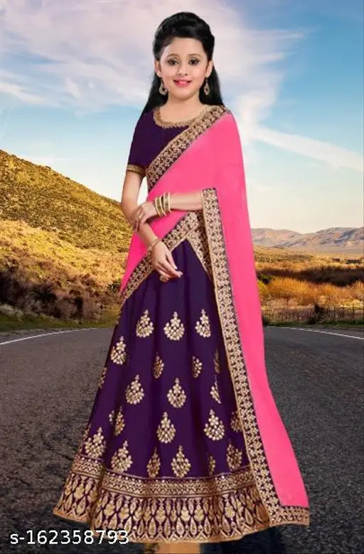 Taffeta embroidered semi-stitched Lehenga Choli, taffeta silk with net dupatta and short sleeves, traditional Indian bridal wear for 12-13 years old, heavy thread and sequence embroidery on display