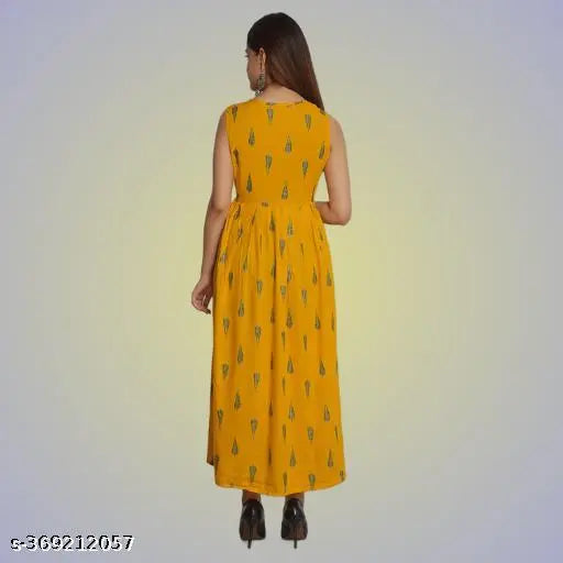 Yellow rayon sleeveless anarkali kurti with tilak print, single size options available